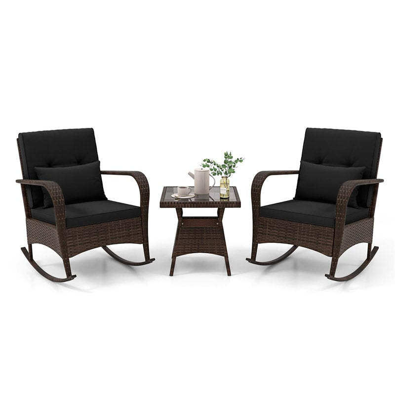 3-Piece PE Rattan Rocking Bistro Set with Removable Cushions & Tempered Glass Table, Outdoor Patio Furniture Set for Porch, Poolside, Backyard