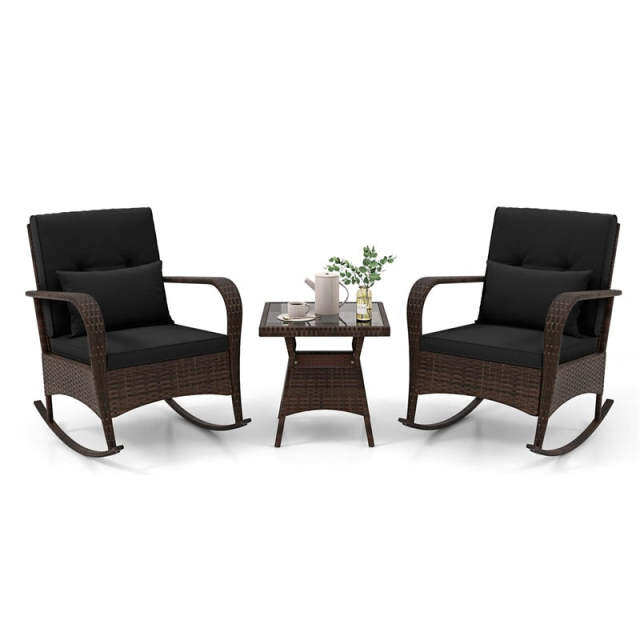 3-Piece PE Rattan Rocking Bistro Set with Removable Cushions & Tempered Glass Table, Outdoor Patio Furniture Set for Porch, Poolside, Backyard