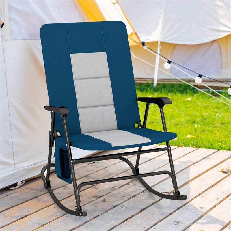 Oversized Folding Rocking Chair with Padded Seat & Metal Frame, Portable Patio Lounge Rocker for Camping, Backyard, 500 lbs Capacity
