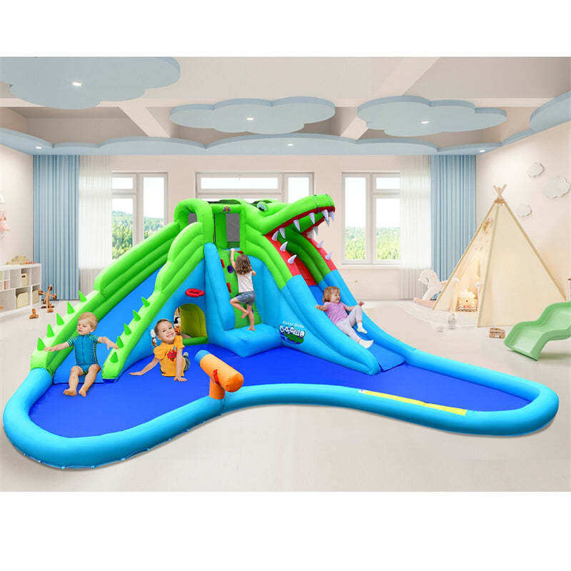 Inflatable Water Slide, Crocodile Mighty Bounce House Water Park with 780W Blower, Dual Slides & Splash Pool for Kids & Adults, Backyard Family Fun