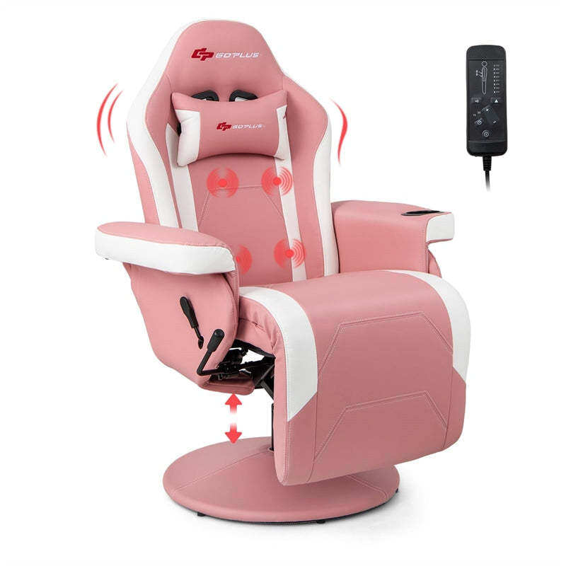 Gaming Recliner Adjustable Height Massage Gaming Chair with Retractable Footrest & Cup Holder, Ergonomic Swivel Video Game Chair Recliner Sofa