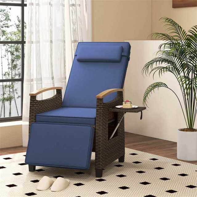 Outdoor Wicker Recliner Chair with Adjustable Backrest, Footrest, Flip Side Table & Cushion, Patio Rattan Chaise Lounge for Backyard Porch