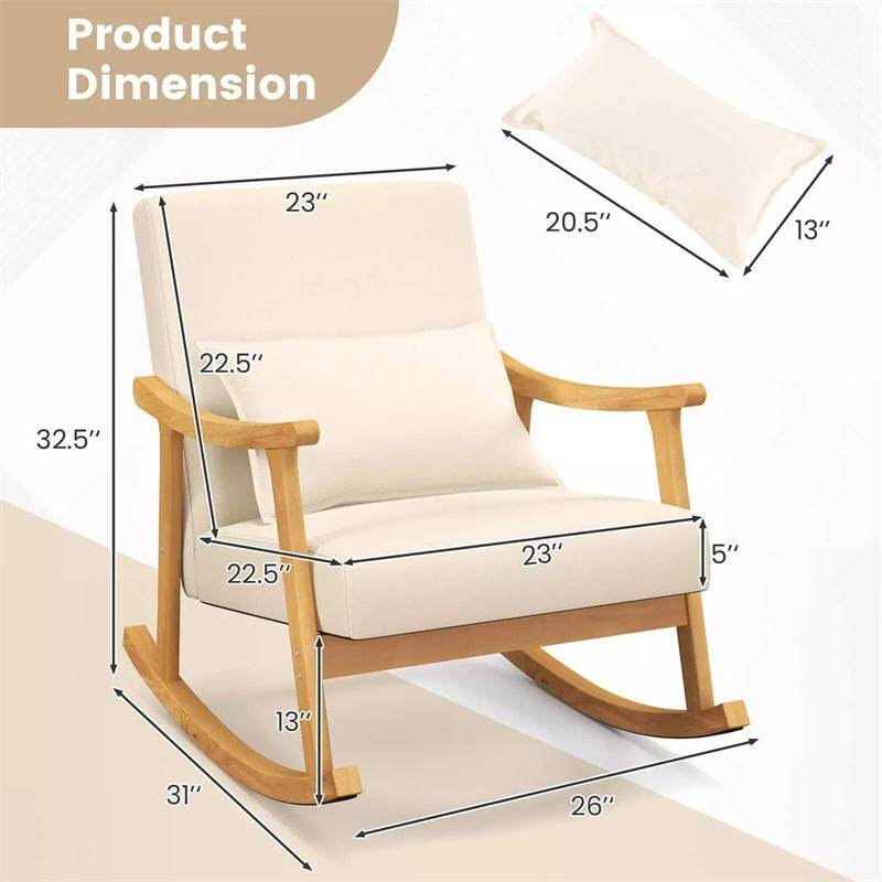 Upholstered Rocking Chair with Rubber Wood Frame, Lumbar Pillow, Padded Seat & Backrest, Modern Rocker for Living Room, Bedroom, Nursery, Office