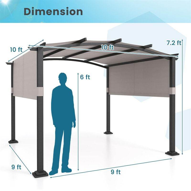 10' x 10' Outdoor Pergola with Retractable Sun Shade Canopy, Metal Frame Patio Pergola Extra Large Shelter Pavilion w/ Anchored Plates