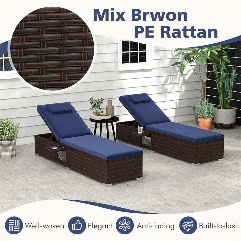 Patio Chaise Lounge, Outdoor Rattan Lounge Chair with 6-Level Adjustable Backrest, Cushion & Headrest, Metal Frame Backyard Reclining Chair