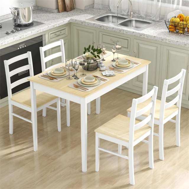 Dining Table Set for 4, Solid Wood Rectangular Table 4 Chairs Set 5-Piece Farmhouse Dinette Set Space-Saving Kitchen Furniture