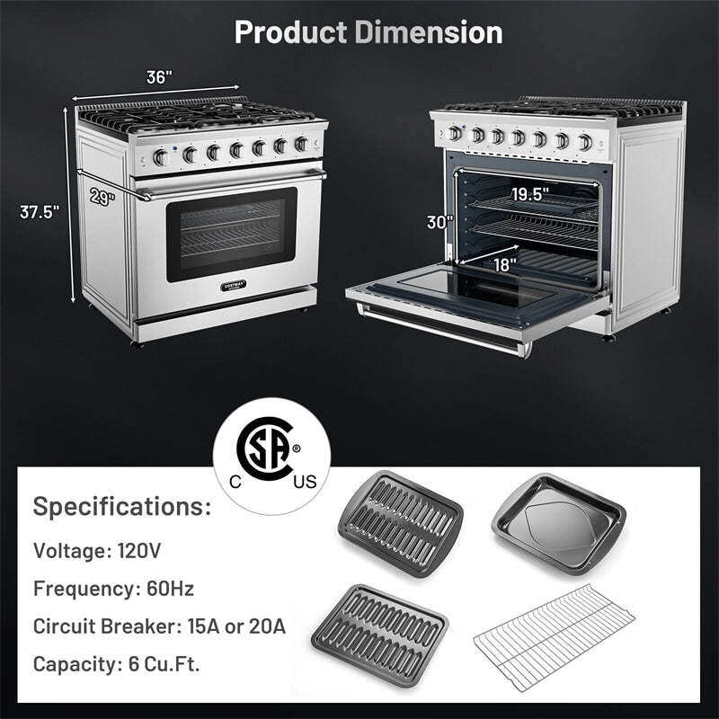 36" Freestanding Natural Gas Range Stainless Steel Dual Fuel Gas Range with 6 Burners Cooktop & 6 Cu.Ft. Convection Oven