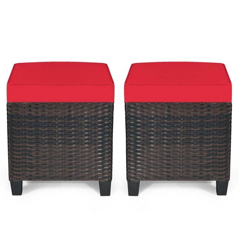 2 Pieces Rattan Patio Ottomans All Weather Outdoor Wicker Ottomans Footstools Footrests with Removable Cushions