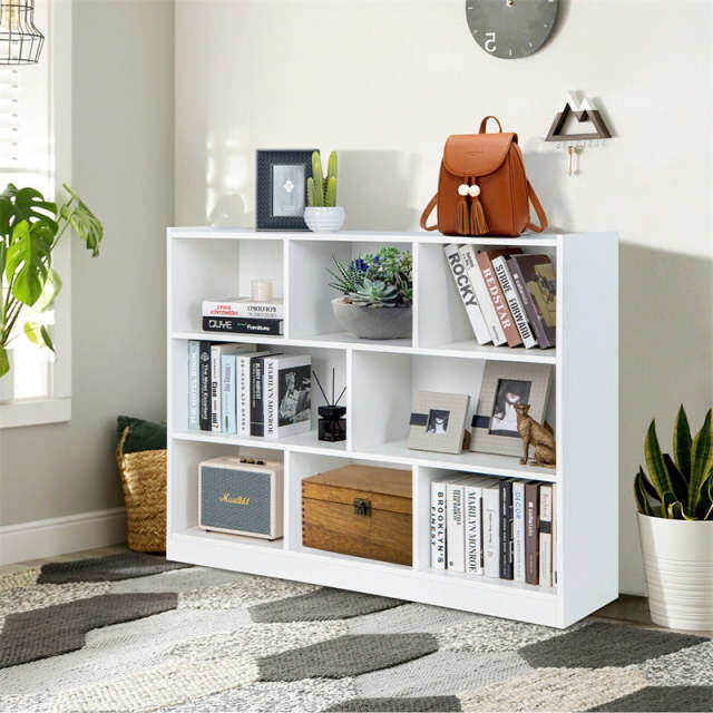Wood 8-Cube Open Bookcase 3-Tier Storage Bookshelf Modern Multipurpose Display Organizer Cabinet for Kids Playroom, Living Room, Study