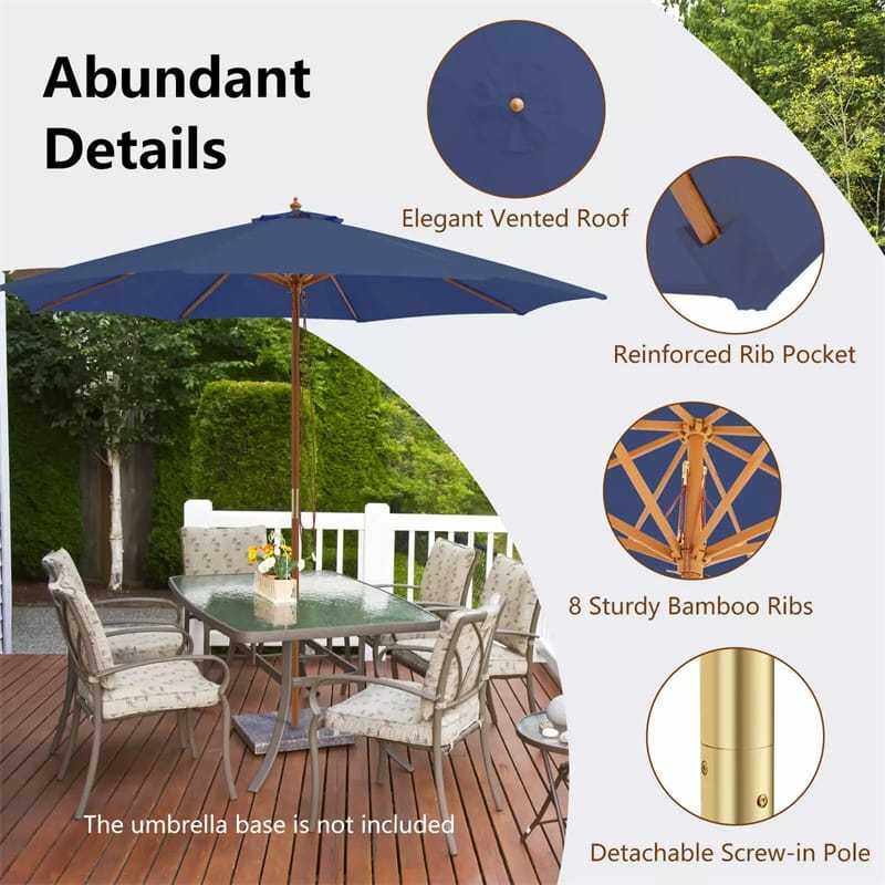 10FT Wooden Patio Umbrella with Rope Pulley Lift, 3 Height Adjustments, 8 Bamboo Ribs, Vented Roof Outdoor Table Umbrella for Poolside, Backyard