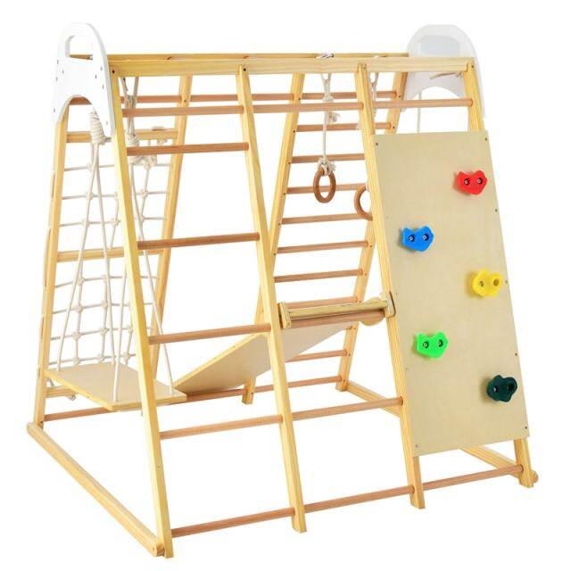 Indoor Jungle Gym for Kids, 8-in-1 Toddler Wooden Montessori Indoor Playground Climber Playset with Slide, Monkey Bars, Climbing Rock & Net