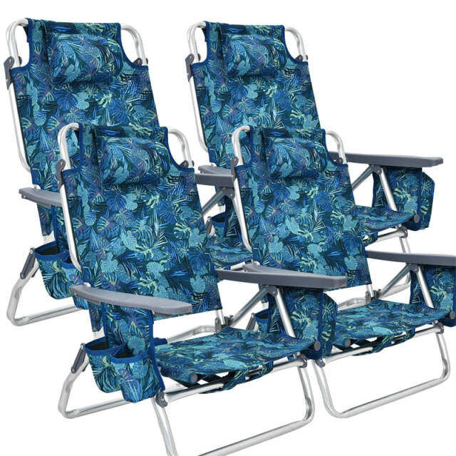 4 Pack Folding Backpack Beach Chairs, 5-Position Adjustable Sling Camping Chairs Reclining Beach Chairs with Head Pillows, Ice Pack, Cup Holder