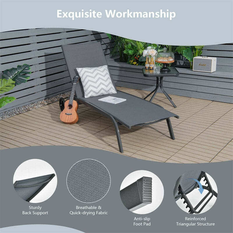 Outdoor Chaise Lounge Chair with 6-Position Adjustable Backrest & Wheels, Quick-Drying Fabric Patio Reclining Sun Lounger for Poolside, Backyard