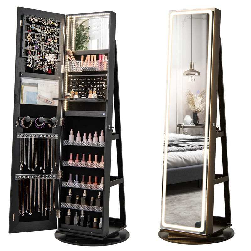 360° Swivel Jewelry Armoire with Full Length Mirror, Adjustable 3-Color LED Lights & Storage Rack, Lockable Standing Jewelry Cabinet Organizer