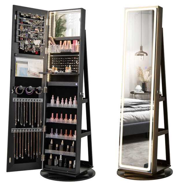 360° Swivel Jewelry Armoire with Full Length Mirror, Adjustable 3-Color LED Lights & Storage Rack, Lockable Standing Jewelry Cabinet Organizer