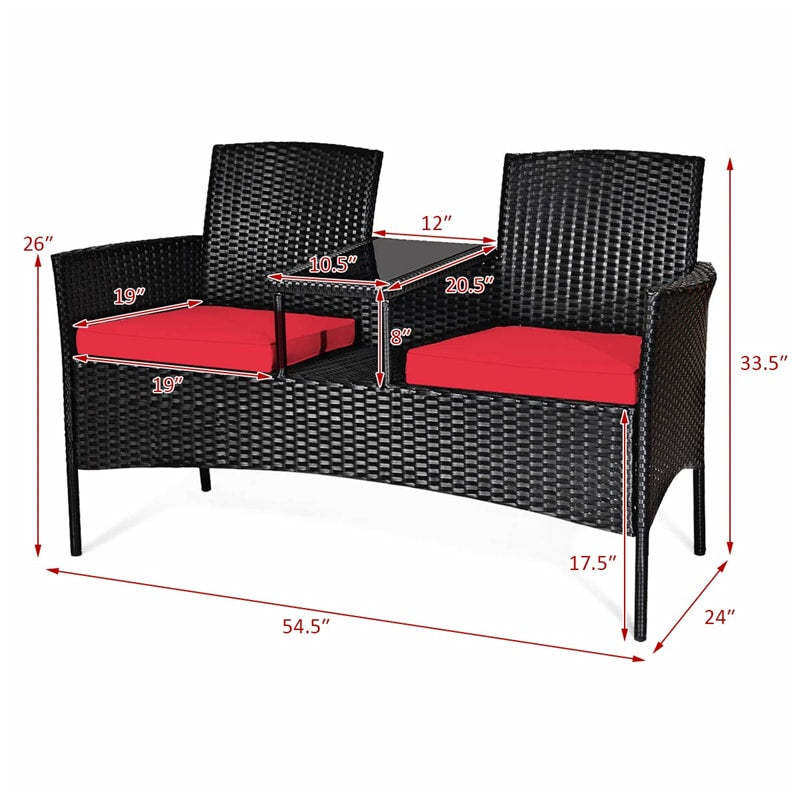 Modern Rattan 2-Seater Patio Furniture Set with Built-in Tempered Glass Table & Removable Cushions, Outdoor Furniture for Backyard, Garden