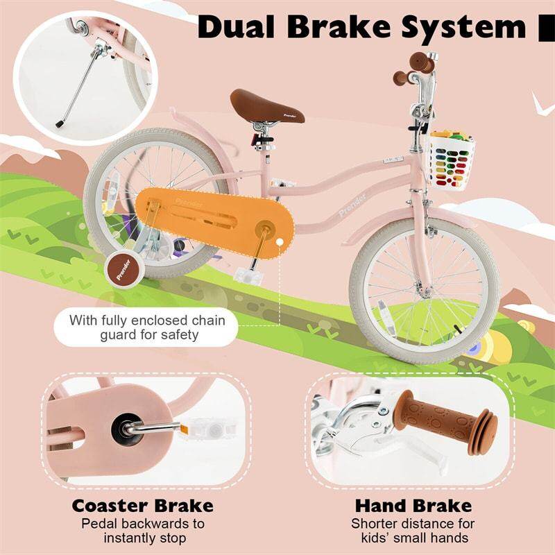 18" Kids Bike, Toddler Bicycle Girls Boys Bike for 3-8 Years Old with Training Wheels Adjustable Seat Removable Basket