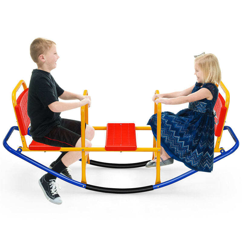 Kids Rocking Seesaw, 3 Person Heavy-Duty Metal Teeter Totter Seesaw with Easy-Grip Handles, Indoor/Outdoor Rocking Toy for Toddlers Ages 3-8