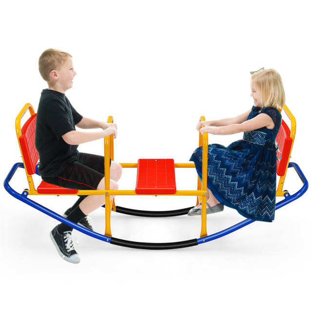 Kids Rocking Seesaw, 3 Person Heavy-Duty Metal Teeter Totter Seesaw with Easy-Grip Handles, Indoor/Outdoor Rocking Toy for Toddlers Ages 3-8