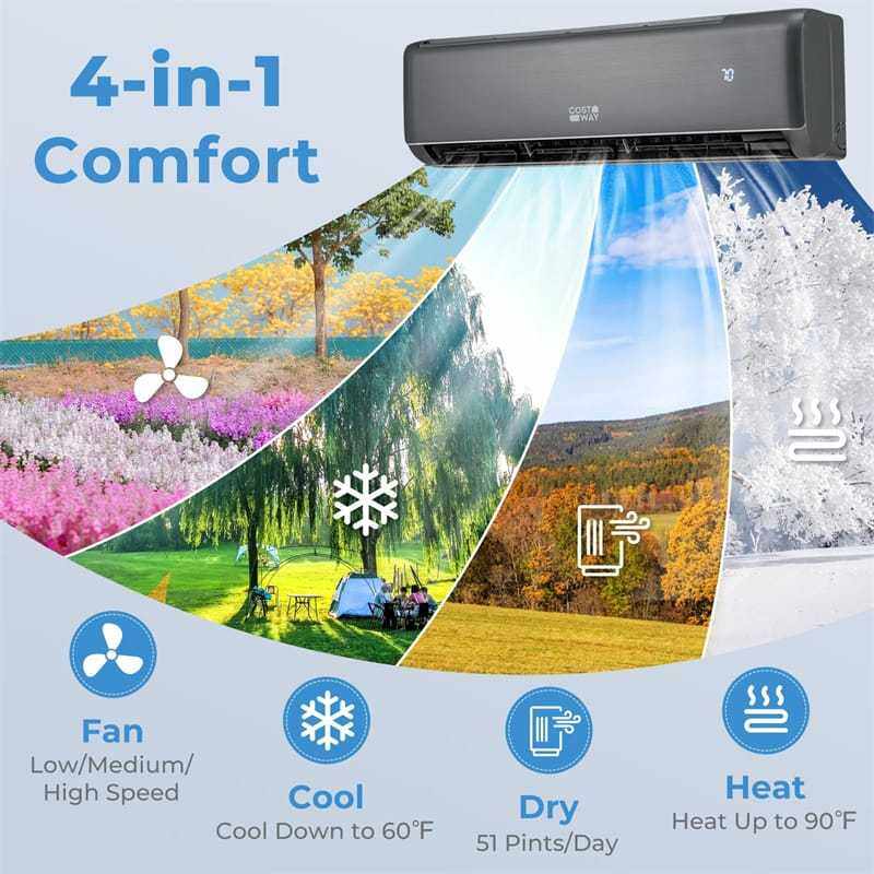12000 BTU Mini Split Air Conditioner & Heater, 21 SEER2 Energy Star Certified Inverter Split AC Unit with Heat Pump, Cools 750 Sq.Ft Bedroom, Home, Office