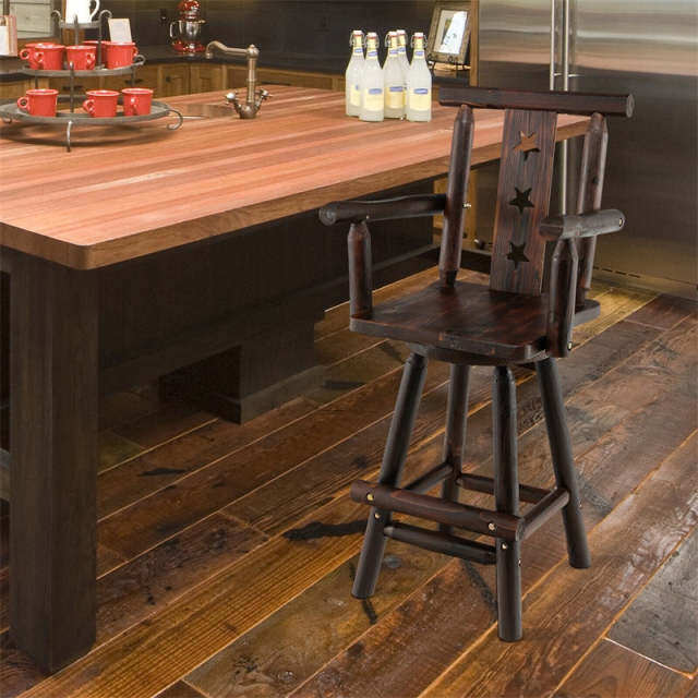 Rustic Swivel Bar Stool, 29" Wood Bar Height Bistro Chair with Footrest, Decorative Star Back & Wide Armrest for Kitchen Restaurant Pub