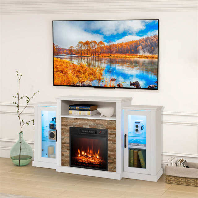 59" Fireplace TV Stand for TVs up to 65", Entertainment Center with LED Lights, 18" Electric Fireplace, Remote & APP Control, Glass Shelves