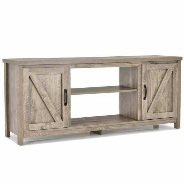 59" Fireplace TV Stand for TVs Up to 65", Farmhouse Wooden Media Console Table with Barn Doors, Storage Cabinet, Adjustable Shelves
