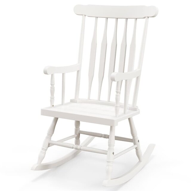 Solid Rubber Wood Patio Rocking Chair, Outdoor Porch Rocker with Slat Back & Glossy Finish for Garden, Backyard, Indoor Use