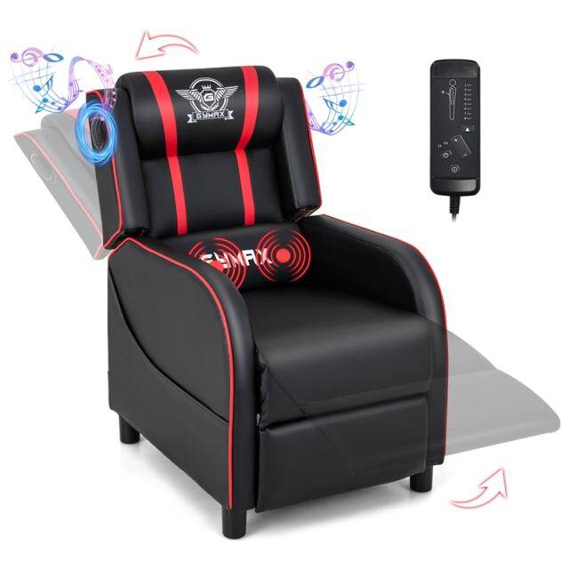 Gaming Recliner PU Leather Massage Gaming Chair with Bluetooth Speaker, Retractable Footrest & Lumbar Pillow, Single Ergonomic Gaming Sofa
