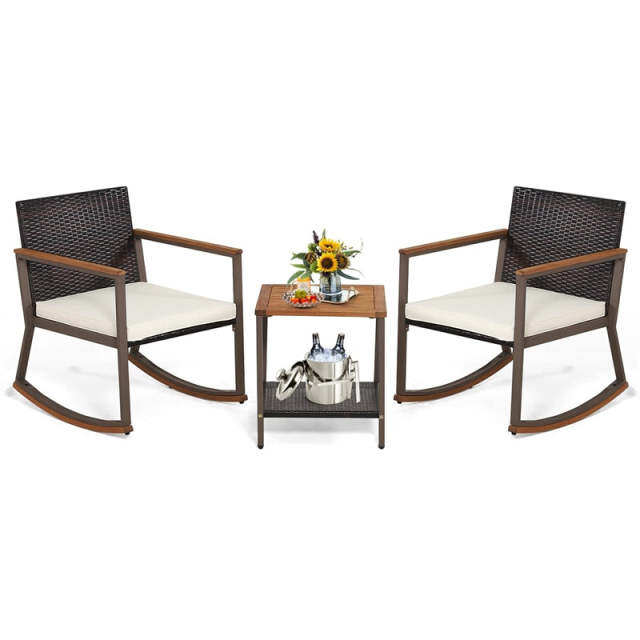 3-Piece Rattan Rocking Bistro Set w/ Cushions, Acacia Wood Top Coffee Table & Storage Shelf, Patio Conversation Set for Balcony, Porch, Poolside