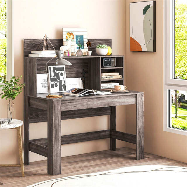 48" Computer Desk with Hutch & Anti-Tip Kits, Wood Home Office Desk with Cable Hole, Writing Study Desk PC Laptop Desk for Small Space, Bedroom