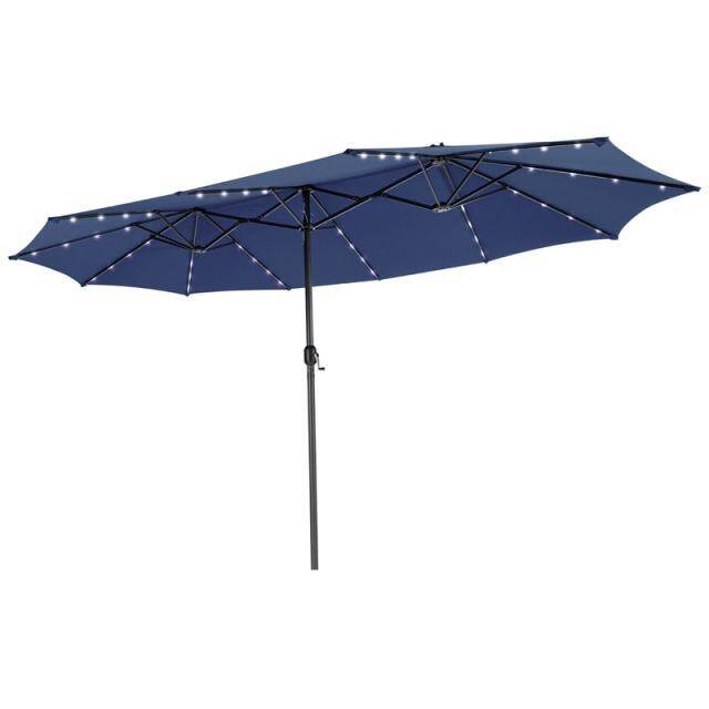 15FT Double-Sided Patio Umbrella with 48 Solar LED Lights & Crank Handle, Extra Large Outdoor Market Umbrella for Poolside, Deck, Backyard