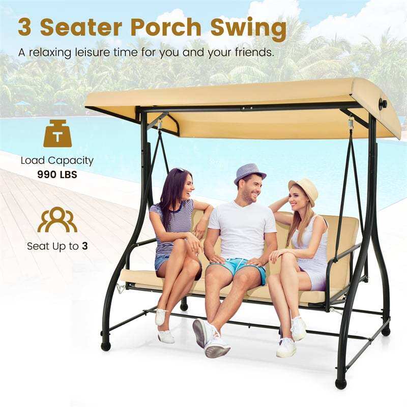 2-in-1 Convertible Patio Swing with Adjustable Canopy & Removable Cushions, Steel Frame 3-Person Outdoor Swing Bed for Deck/Backyard/Garden