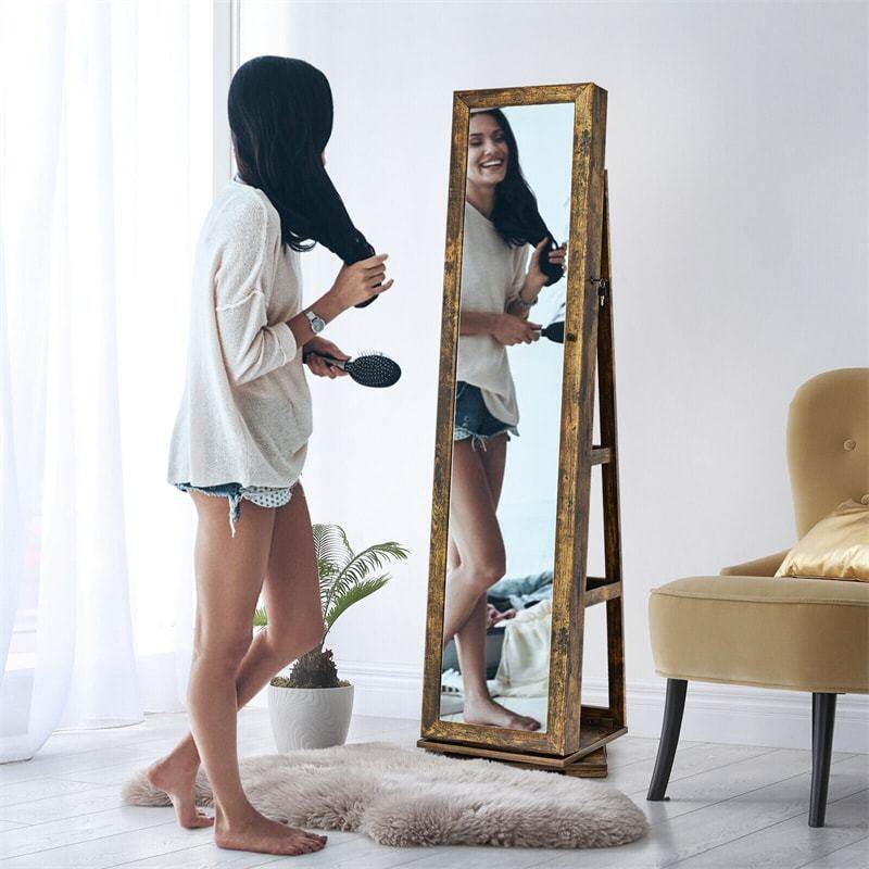 360° Swivel Jewelry Cabinet Armoire with Full Length Mirror & Rear Storage Shelves, Standing Lockable Jewelry Organizer Inside Makeup Mirror