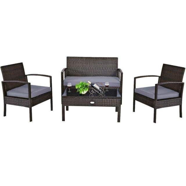 4 Piece Patio Conversation Set with Cushioned Rattan Sofas, Loveseat, Tempered Glass Table, Waterproof Outdoor Furniture for Poolside, Backyard