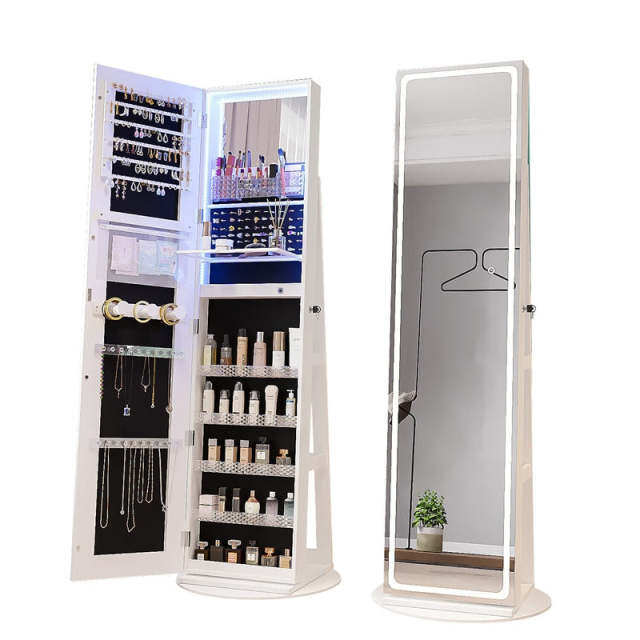 360° Swivel Jewelry Armoire with Full Length Mirror, Adjustable 3-Color LED Lights & Storage Rack, Lockable Standing Jewelry Cabinet Organizer