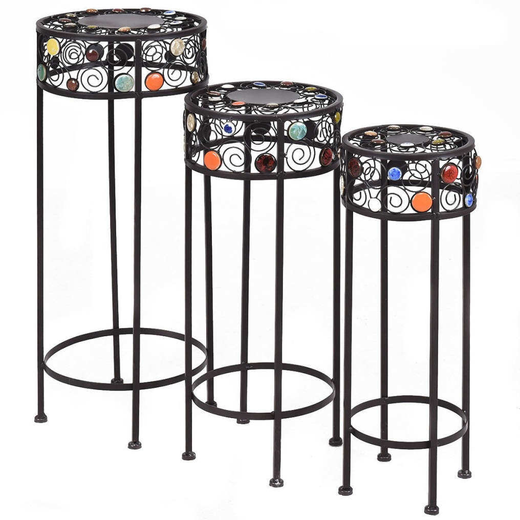 3 Pcs Round Metal Plant Stand Ceramic Beads Flower Display Rack