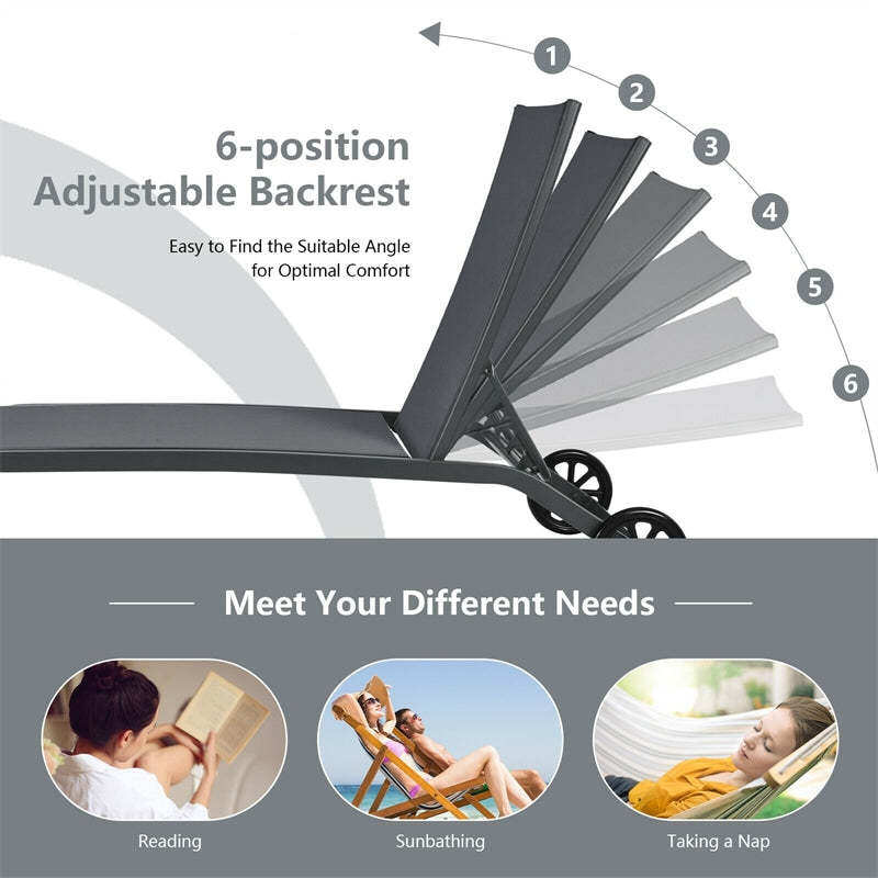 Outdoor Chaise Lounge Chair with 6-Position Adjustable Backrest & Wheels, Quick-Drying Fabric Patio Reclining Sun Lounger for Poolside, Backyard