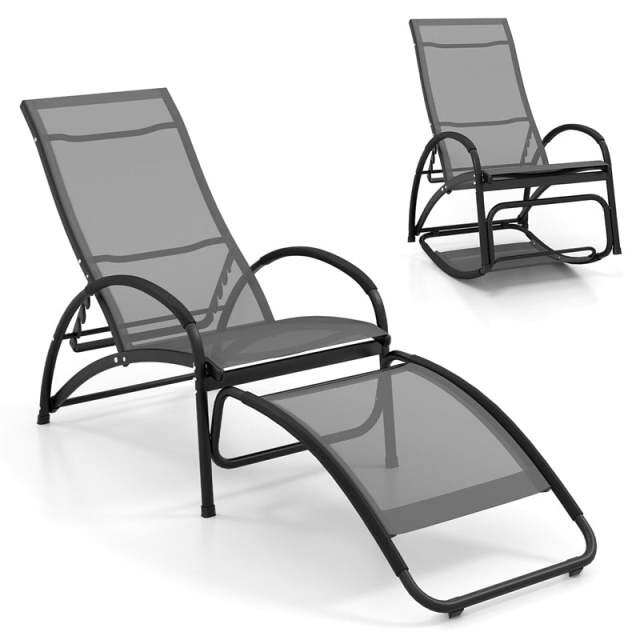2-in-1 Outdoor Rocking Chair, Convertible Patio Lounge Chair with 4-Position Adjustable Backrest, Curved Armrests & Aluminum Frame for Poolside, Porch