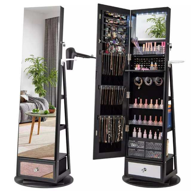 360° Swivel Jewelry Cabinet Armoire, Full-Length Mirror with LED Lockable Jewelry Organizer, Hairdryer Holder, Drawer, Rear Storage Shelves