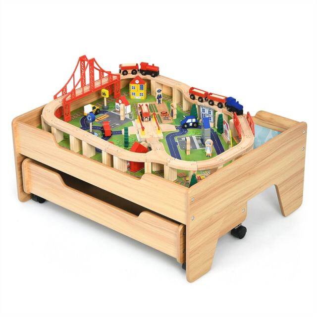 Wooden Kids Train Table with 100 Multicolor Pieces, Tracks & Storage Drawer, Activity Play Table Toddler Toy Train Table, Gift for Boys Girls h1