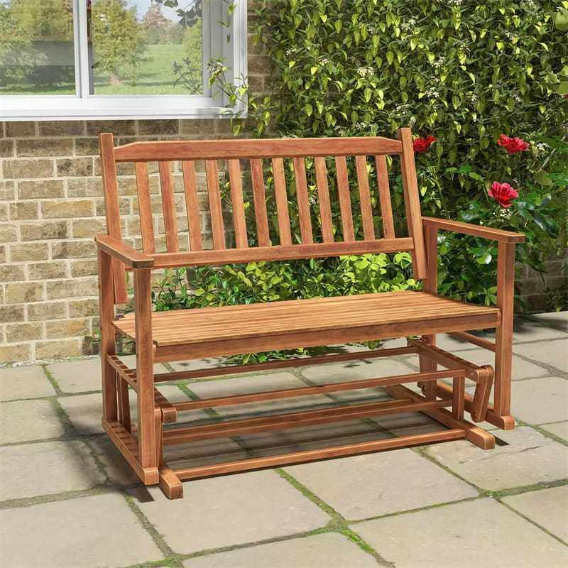 2-Person Outdoor Glider Bench with Poplar Wood Frame, Slatted Seat & Armrest Backrest, Porch Rocking Glider Loveseat for Patio, Garden & Deck
