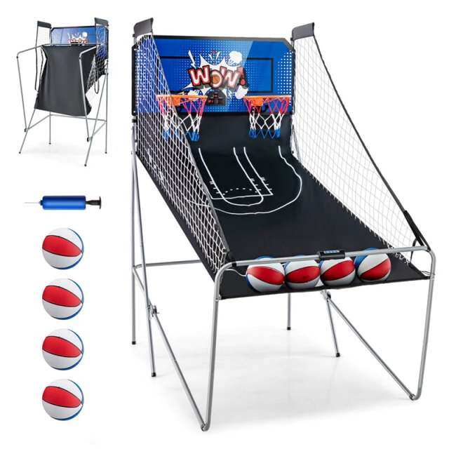Folding Basketball Arcade Game, Dual Shot Basketball Hoop with 8 Game Modes, 4 Balls, LCD Scoreboard, Air Pump, Indoor Game for Kids & Adults