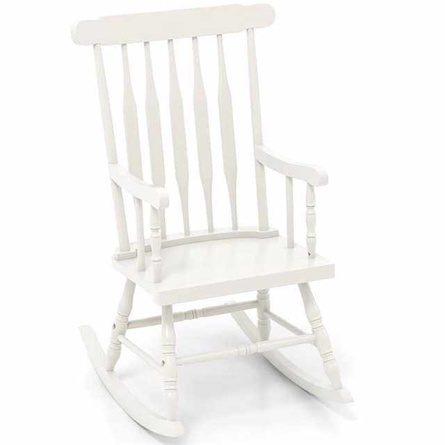 Solid Rubber Wood Patio Rocking Chair, Outdoor Porch Rocker with Slat Back & Glossy Finish for Garden, Backyard, Indoor Use