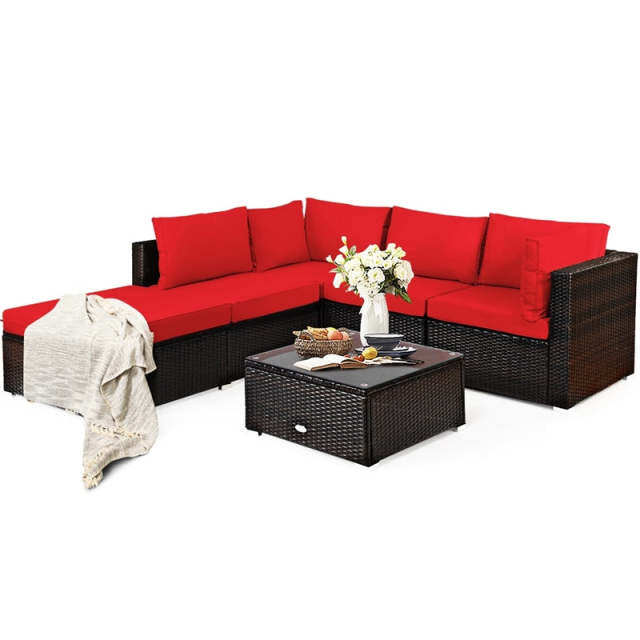 6 Piece Outdoor Rattan Sectional Sofa Set, Wicker Patio Conversation Furniture with 4 Cushioned Chairs, Ottoman & Coffee Table for Backyard