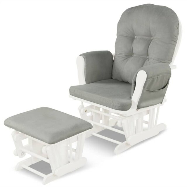 Wood Nursery Glider Chair & Ottoman Set, Upholstered Glider Rocker with Padded Cushion, Storage Pocket, Modern Rocking Chair for Nursery