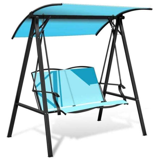 2 Person Patio Swing with Adjustable Canopy & Armrests, Weather Resistant Steel Frame Porch Swing for Backyard, Garden, Poolside