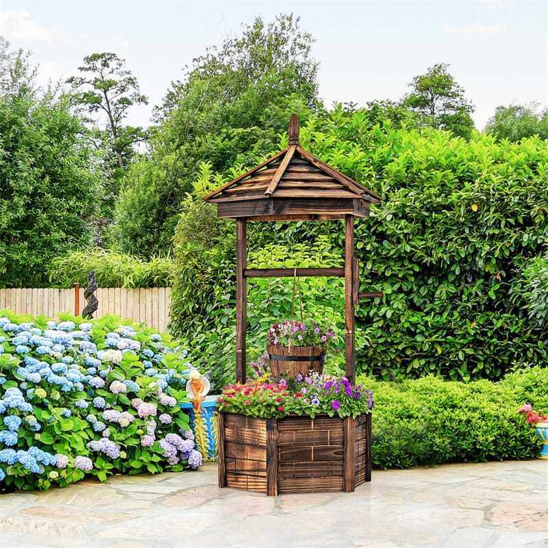 Rustic Wooden Wishing Well Planter with Hanging Bucket, Roof Shadow, Reinforced Rod, Hexagon Wishing Well for Outdoor Backyard, Patio & Garden Decor