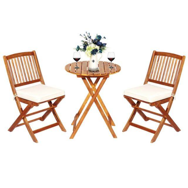 3PCS Patio Bistro Set Acacia Wood Folding Bistro Table Chair Set with Padded Cushions for Outdoor Garden Yard