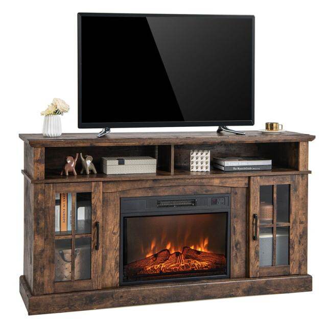 Electric Fireplace TV Stand for TVs Up to 65", 1400W Heater Insert with Remote Control, 3-Level Flame, Overheat Protection, Adjustable Shelves